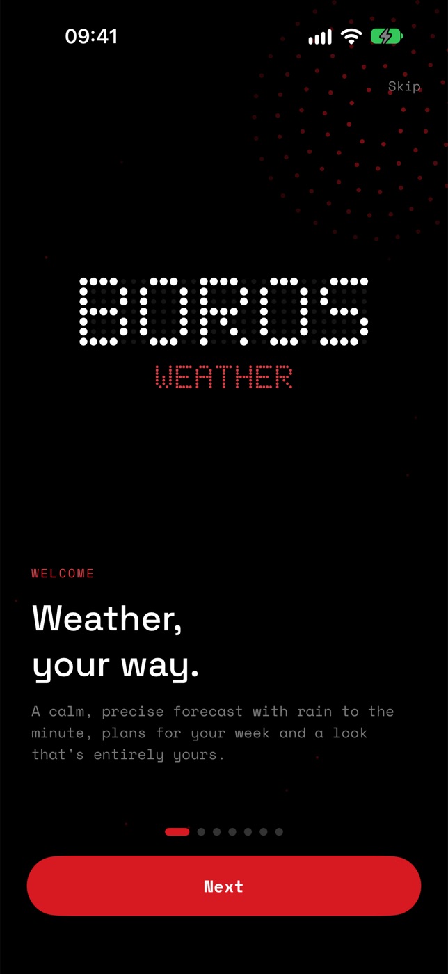 The Boros intro: BOROS WEATHER in dot-matrix letters and 'Weather, your way.'