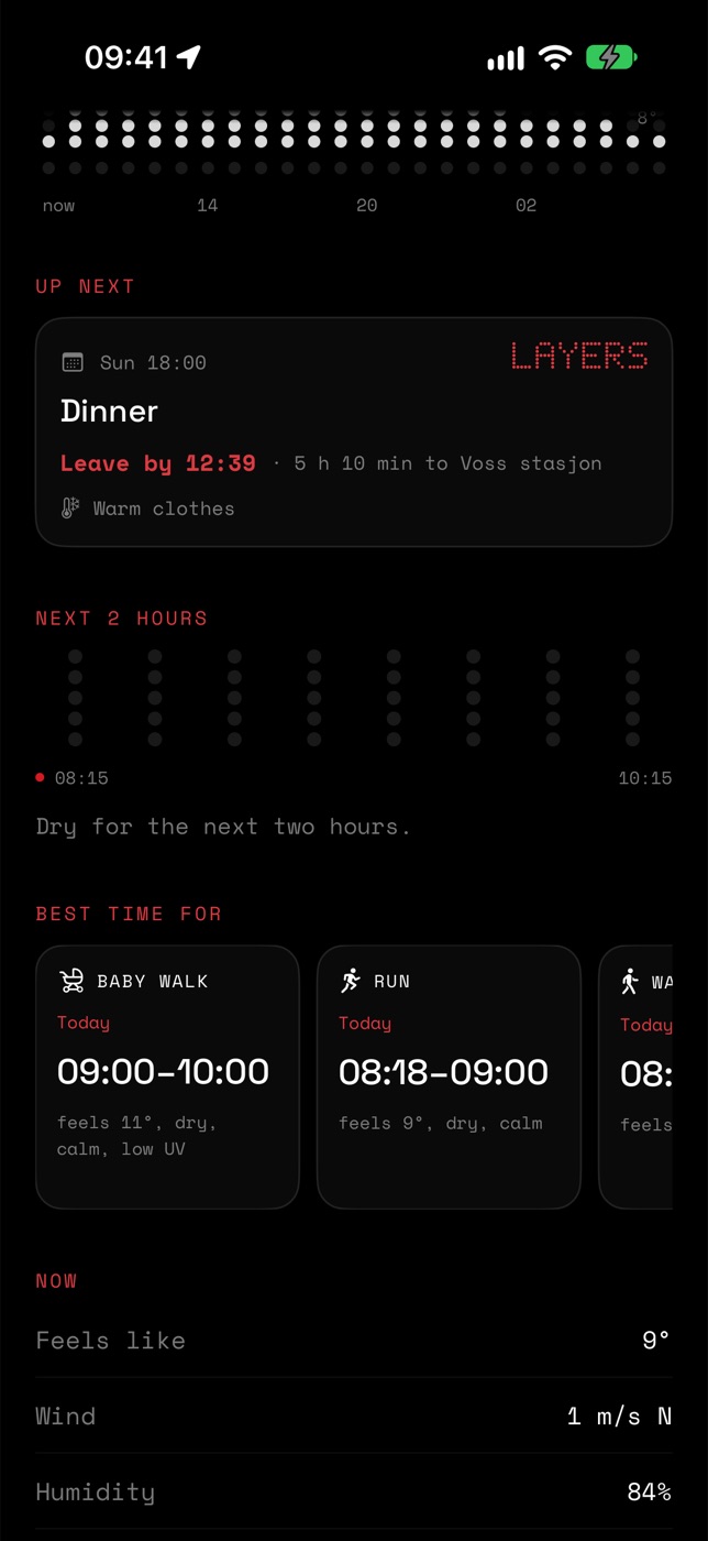 Up next shows a dinner with a leave-by time and 'Warm clothes'; Best time for shows a baby walk 09:00–10:00 and a run 08:18–09:00.