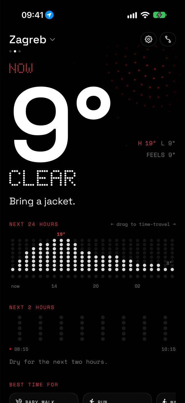 Boros on iPhone: 9° and clear in Zagreb, the next 24 hours as a dot graph and the next two hours of rain.