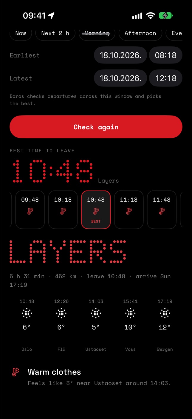 A trip from Oslo to Bergen: best time to leave 10:48, the verdict LAYERS, and the temperature at Oslo, Flå, Ustaoset, Voss and Bergen.